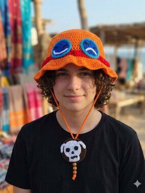 Handmade Crochet Ace Styles Anime Cosplay Bucket Hat With Drawstring New